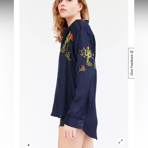 BDG Cowgirl silky Navy Embroidered Navy Women's Top urban outfitters - Picture 4 of 9